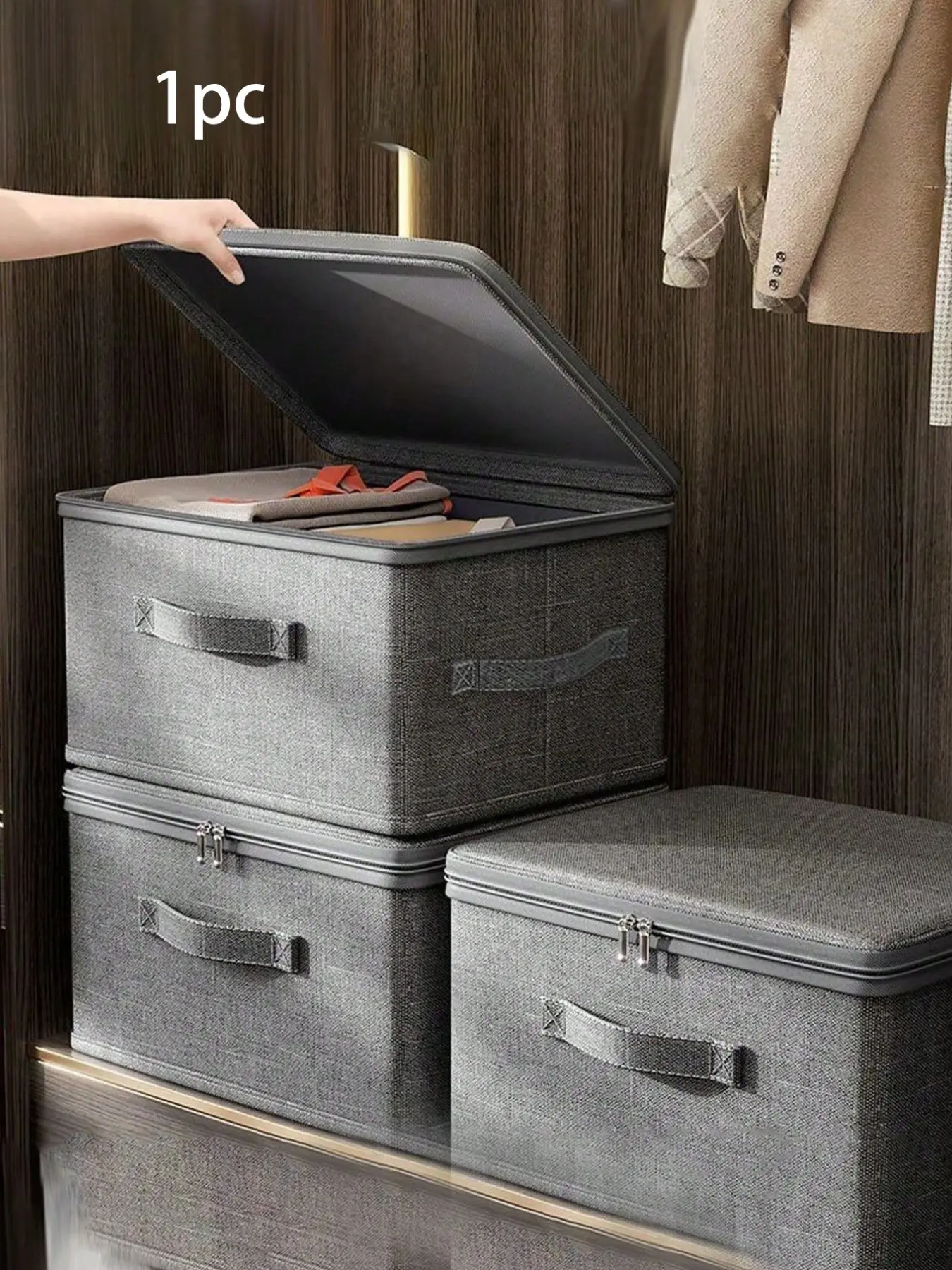 1pc Fabric Storage Box with Lid and Zipper, Reinforced Handle, Stackable Home Organizer for Clothes and Bedding, Dustproof Large Capacity Wardrobe Storage Bin