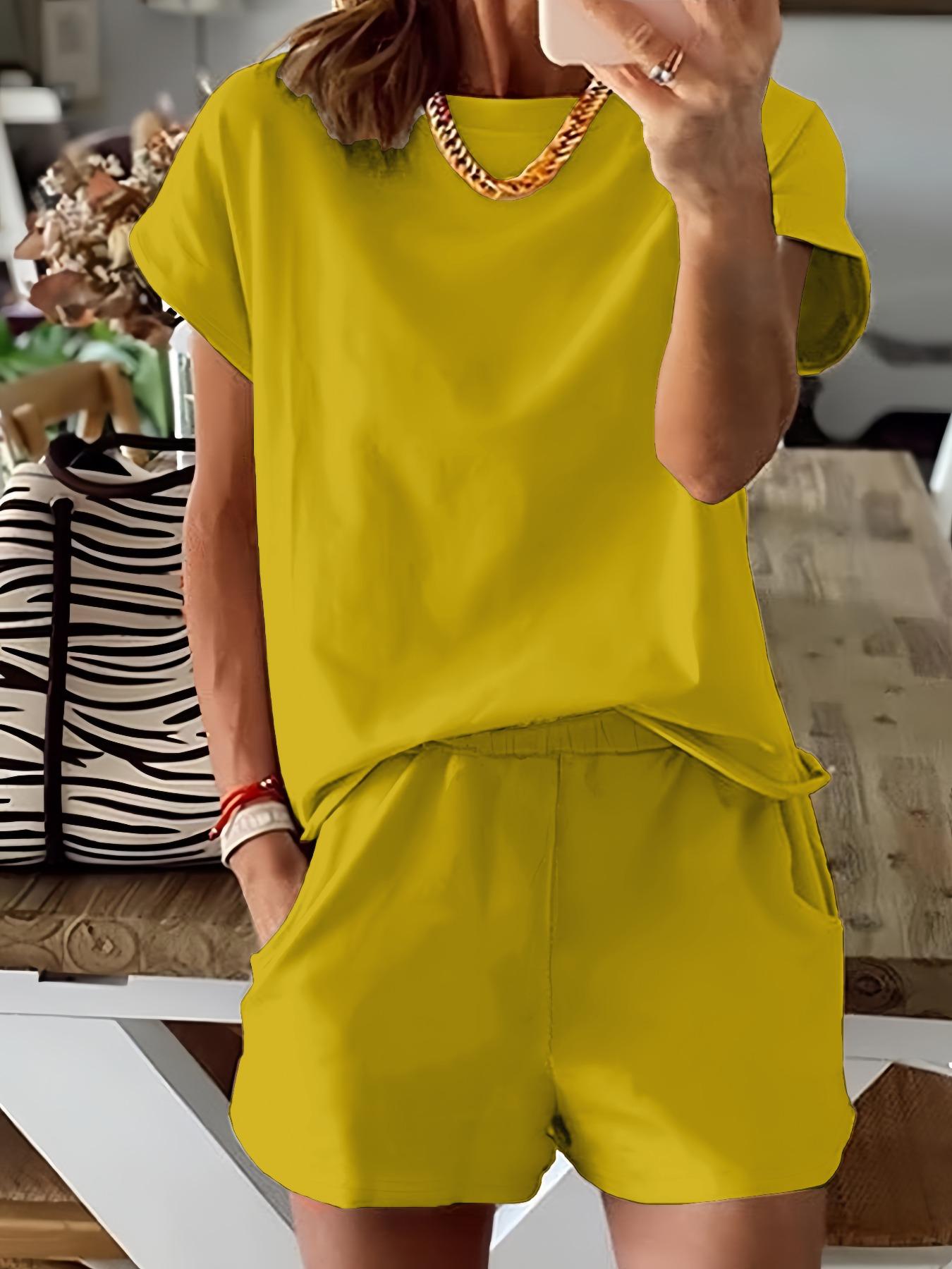 Women's Summer Short Sleeve Plain Set, Slim-Fit Natural Waist Design, Regular Length Pants & Tops, Perfect for Casual Wear