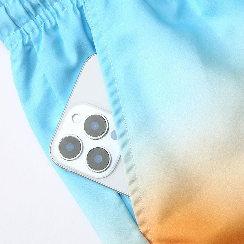 Y2K Aesthetic Men's Gradient Color Block Swim Shorts, Oversized Loose Fit Drawstring Casual Board Shorts, Quick Dry Lightweight Summer Streetwear, Trendy Ombre Print 5 Inch Swim Trunks for Skateboarding, Beach Vacation, Daily Outfit, Unisex S-XL