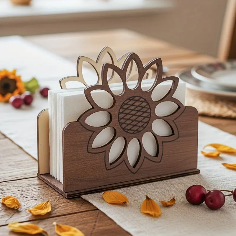 1PC Sunflower Wooden Wood Grain Napkin Holder, Home Table Paper Towel Organizer, Kitchen Dual-Use Menu Card Rack, Elegant Dining Accessory