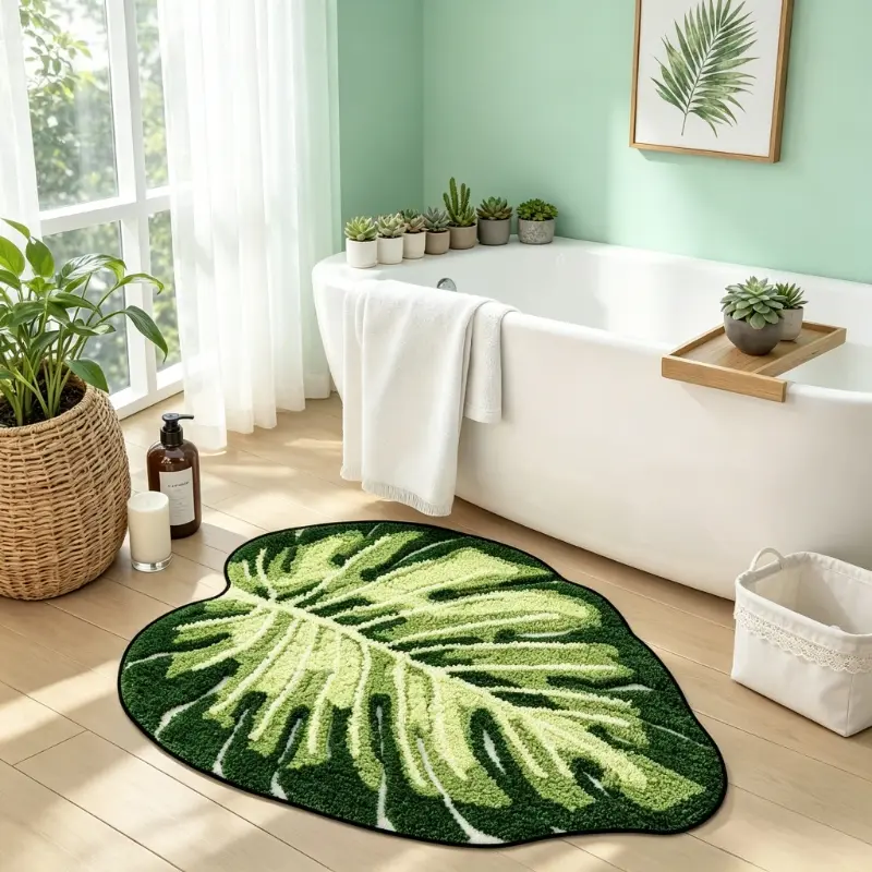 Turtle leaf bathroom bathtub area floor mat ins wind gradient green leaf entry entrance carpet creative green plant shape bedroom bedside special-shaped carpet home washable balcony study carpet home decoration living room carpet Absorbent Washable Rug