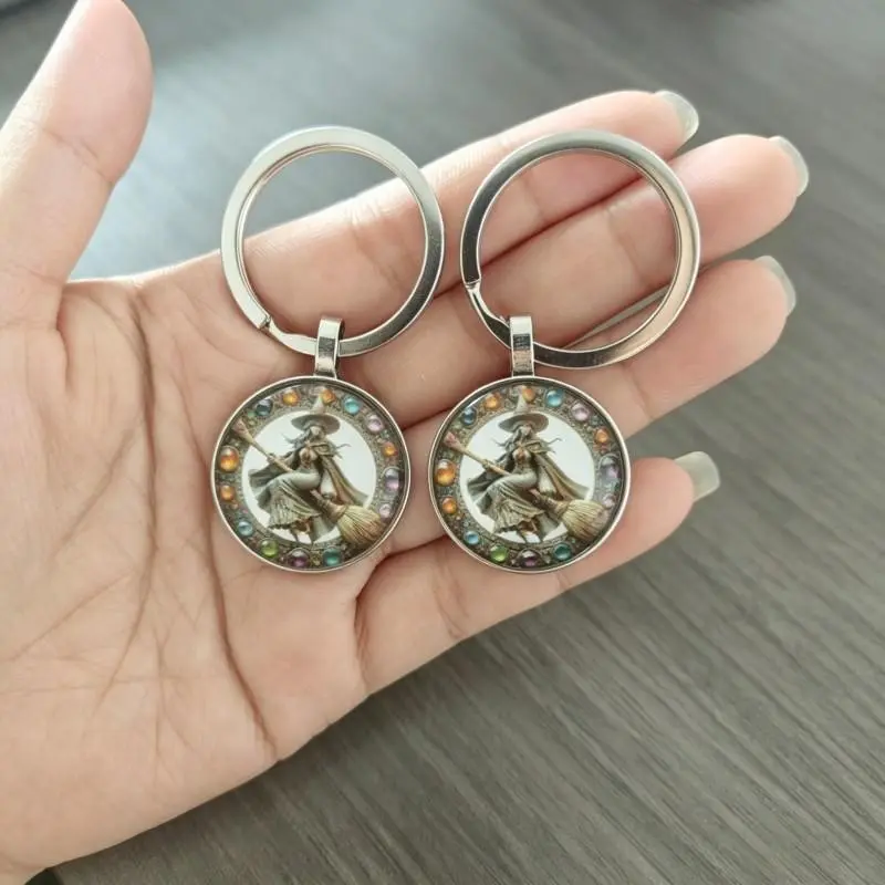 2-Pack Fashion DIY Keychains, Witch Broom Pattern Round Glass Keychain, Car Key Decoration, Birthday, Graduation, Halloween, Christmas Gift