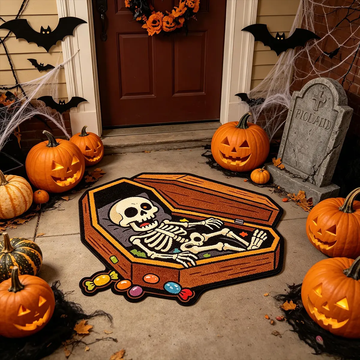 Coffin Shaped Halloween Rug, Dark Cute Skeleton & Candy Pattern Soft Short Plush Floor Mat, Non Shed Durable Indoor Carpet for Bedroom Entryway Home Decor