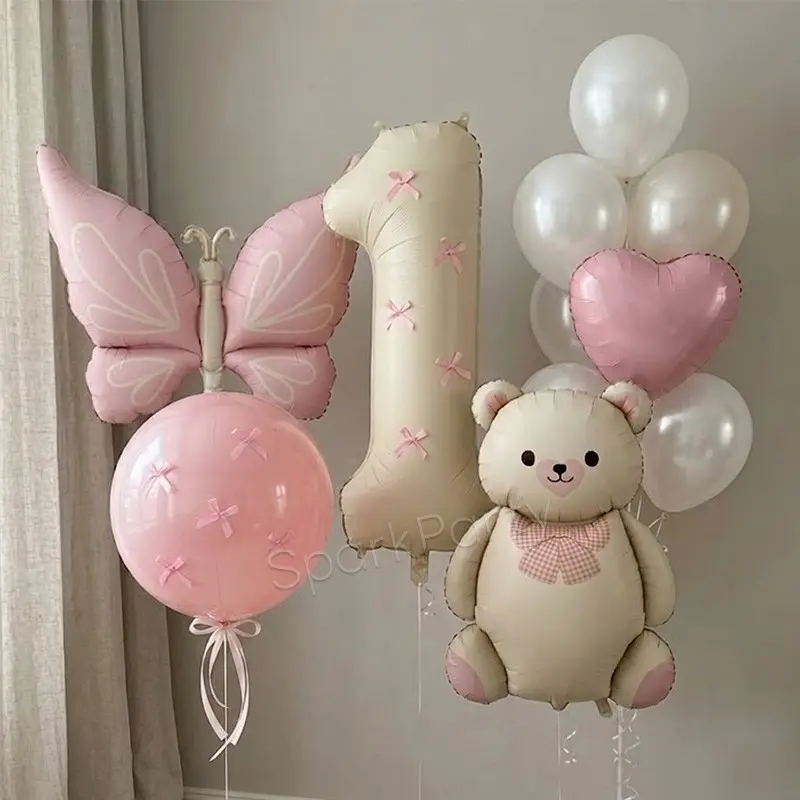 21pcs Birthday Party Balloon Set, Birthday Decorations, 40-Inch Cream Numbers, Butterfly, Bear Foil Balloons, Heart & Latex Balloons, Baby Shower Decor