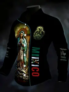 Men's Long Sleeve Shirt Mexican Culture Print Top Fashion Casual Loose Shirt Trendy Character Pattern Clothing, Football Game Day Casual Outfit For Mexican FansSoccer Fan Ethnic Retro Printed For Party Sports Daily Wear