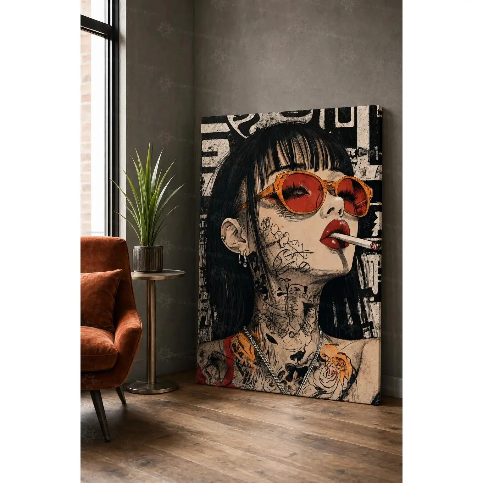 Grunge Tattoo Girl Graffiti Art Poster, Retro Street Pop Art Wall Decor, Edgy Gothic Painting For Tattoo Shop Bedroom Bar Apartment Living Room Home Decor