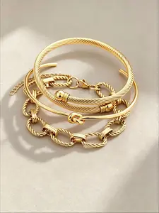 3pcs Stainless Steel Bangle Bracelet Set For Women, Adjustable Open Design With Twisted Rope & Chain Elements, Luxury European Style, Gold Color, Suitable For Daily, Dating, Vacation, Valentine's Day/Christmas Gift