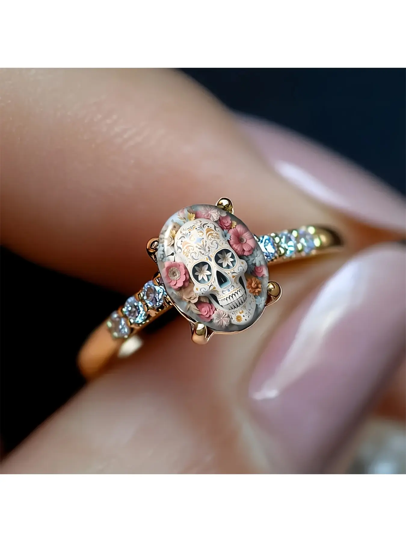 Pink flower sugar skull colored diamond gold ring, with a retro Mexican Day of the Dead style. The white skull is adorned with gilded patterns. Surrounding it are soft pink flowers, gently balancing the dark tone. On one side of the ring, there is a singl