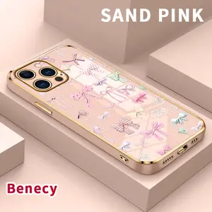 Compatible with  iPhone 17 15 Pro Max 16 14 Air Plus 13 12 11 Bow Delight Array Pattern Luxury Electroplating TPU Anti-Fingerprint Mobile Phone Back Soft TPU Cover