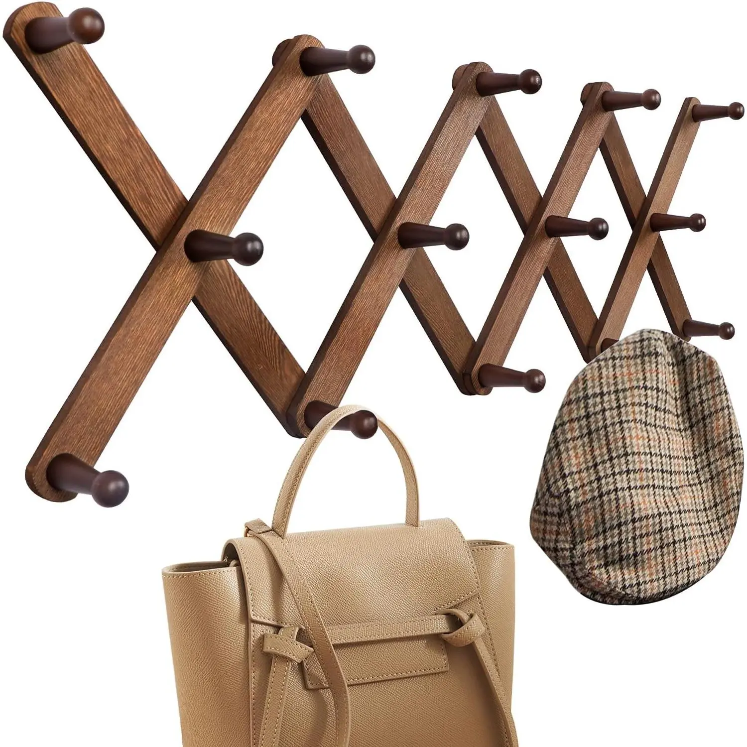 Wood Accordion Wall Hanger, Expandable Coat Rack Wall Mount with 14 Pegs, Expanding Hat Rack for Wall, X Shape, 27"×10", Walnut Color