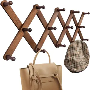 Wood Accordion Wall Hanger, Expandable Coat Rack Wall Mount with 14 Pegs, Expanding Hat Rack for Wall, X Shape, 27"×10", Walnut Color