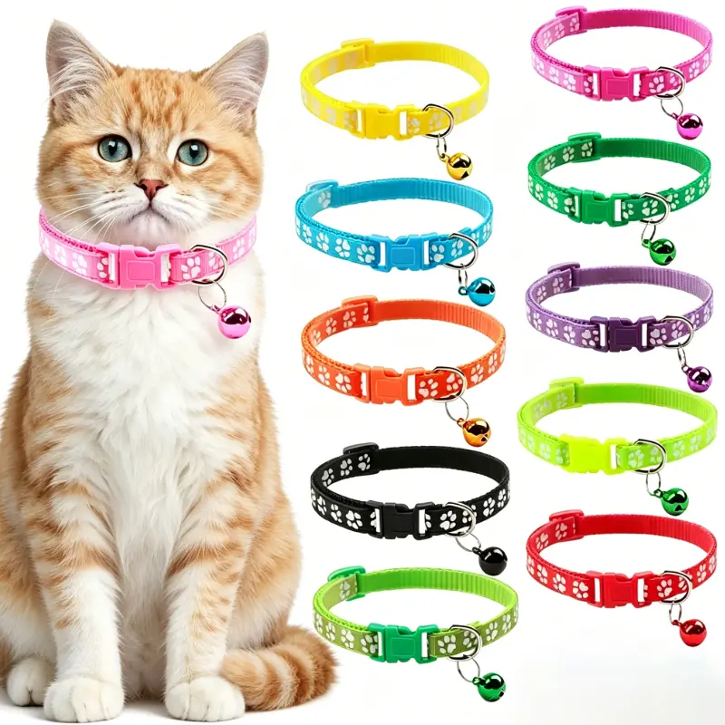 Cat colored collar, footprints and reflective cat collar, with bell cat collar buckle, adjustable cat collar or seat belt, dog collar, dog print collar, paw print bell collar, cat buckle collar