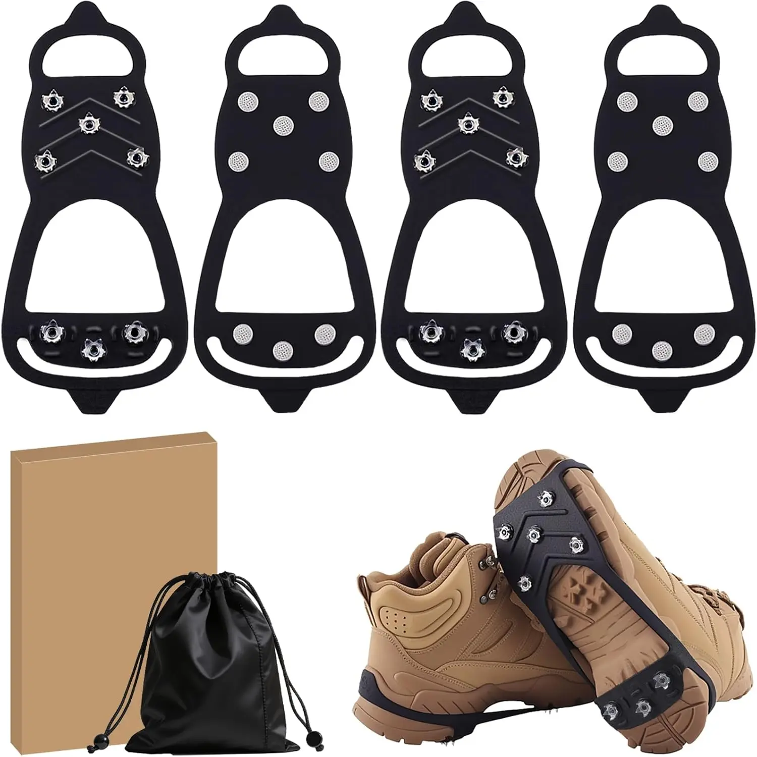 2 Pairs Ice Cleats  Shoes and Boots, Universal Non Slip Hiking Spikes, Micro Shoe Spikes  Snow and Ice, Durable Snow Crampons  Winter Hiking Climbing Ice Fishing, 8 Steel Studs Gripper Spike