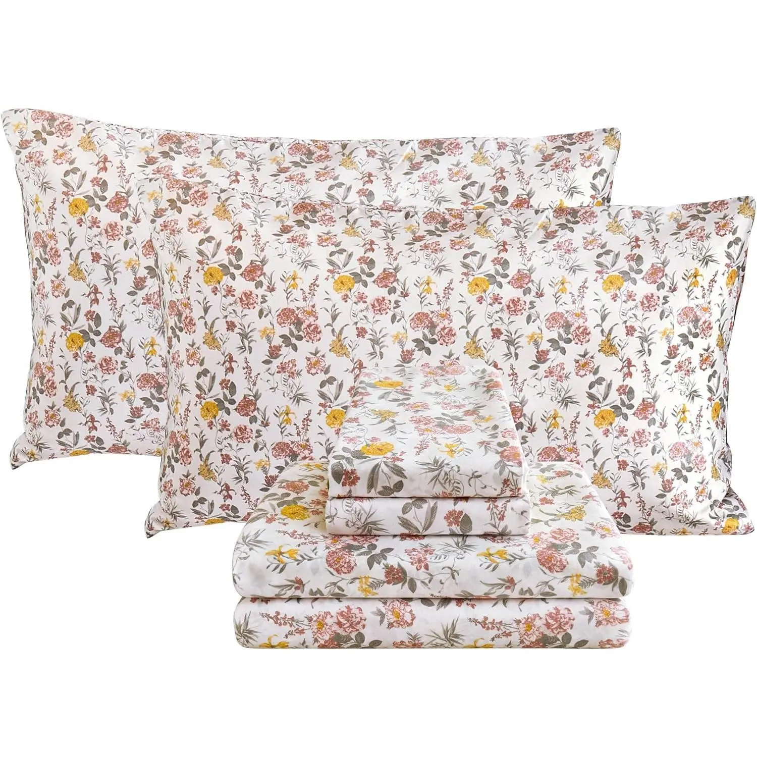 Floral King Sheet Set - 4 Piece Vintage Pink & Yellow Flower Patterned Bed Sheets - Soft, Breathable Microfiber Sheets with Deep, Non-Slip Fitted Sheets & Pillowcases