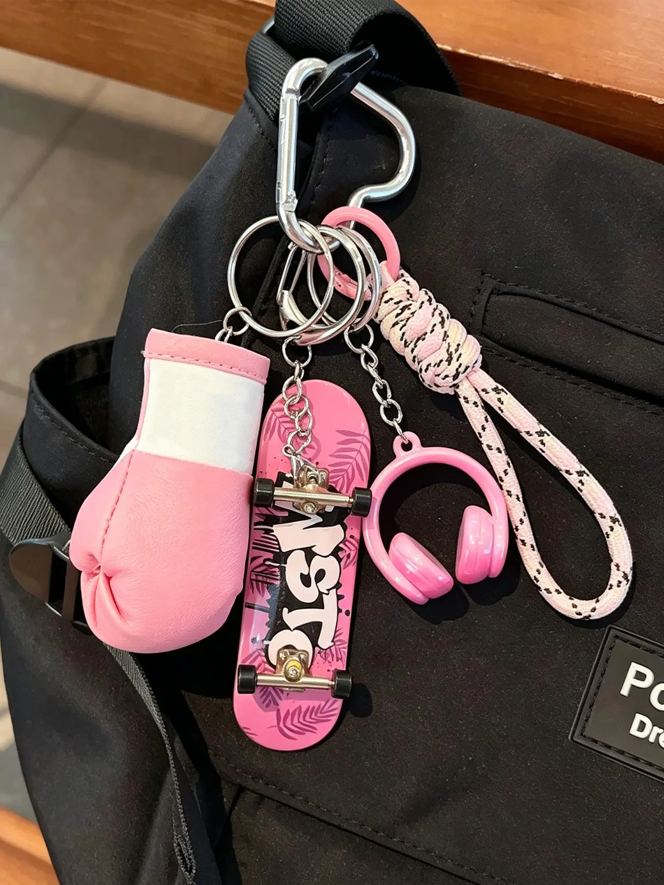 Cool Street Style Keychain Set, Mini Boxing Glove, Finger Skateboard & Headphone Charms, Braided Wrist Lanyard with Carabiner, Backpack Bag Charm Accessory, Back‑to‑School Gift for Teens & Youth, Multi‑color Available