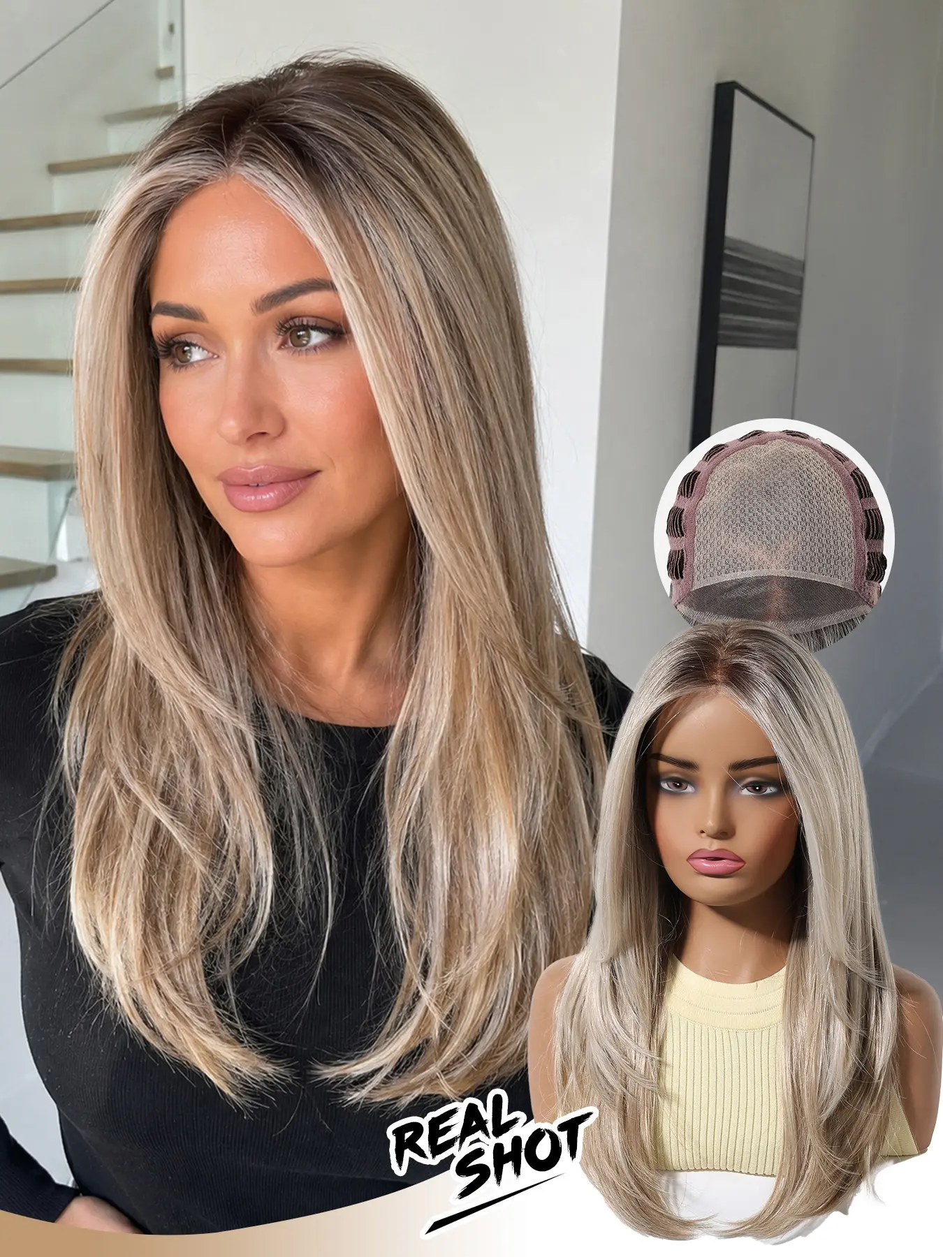 Mono Simulation Scalp Gradual Gold Long Hair Glueless Synthetic Wig, Lightweight Breathable, Free Part Natural Hairline, No Glue Secure Fit, European Daily Style