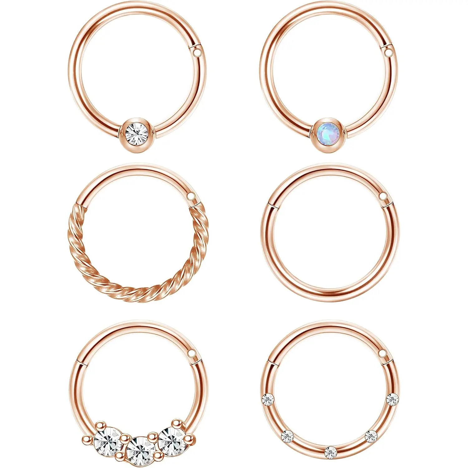 6 Pcs 16G Hinged Cartilage Hoop Earrings, Surgical Steel Cat Eye Stone & CZ Cartilage Studs, Helix Tragus Clicker Segment Ring Set, 8mm Hinged Segment Piercing Jewelry