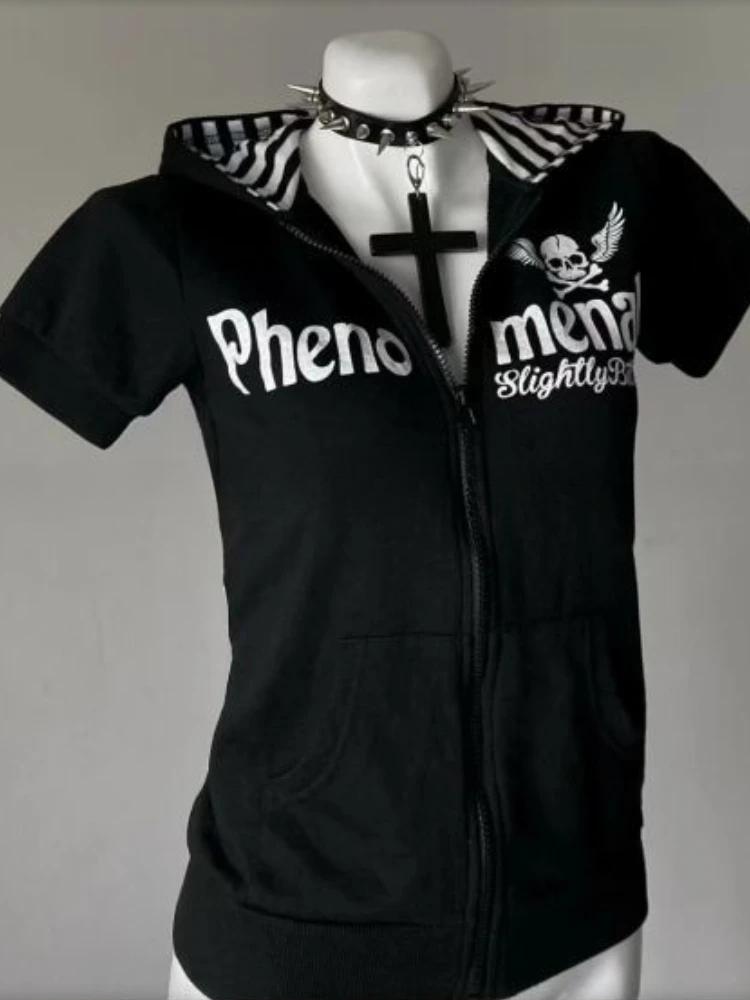 Y2K Subculture Skull Print Zip Cardigan Short Sleeve Women Japan Slim Fit Striped Hoodie Casual Tops Fashion Streetwear Clothes