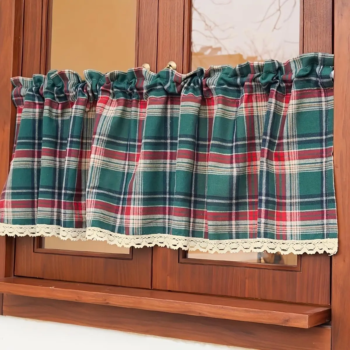 1panel Green Plaid Lace Short Curtain/Retro Pastoral Style Coffee Curtain Small Curtain/Comfortable Holiday Atmosphere Decorative Curtain/Suitable for Restaurant Kitchen Window Curtain Cafe Door Curtain Blocking Curtain Home Decor