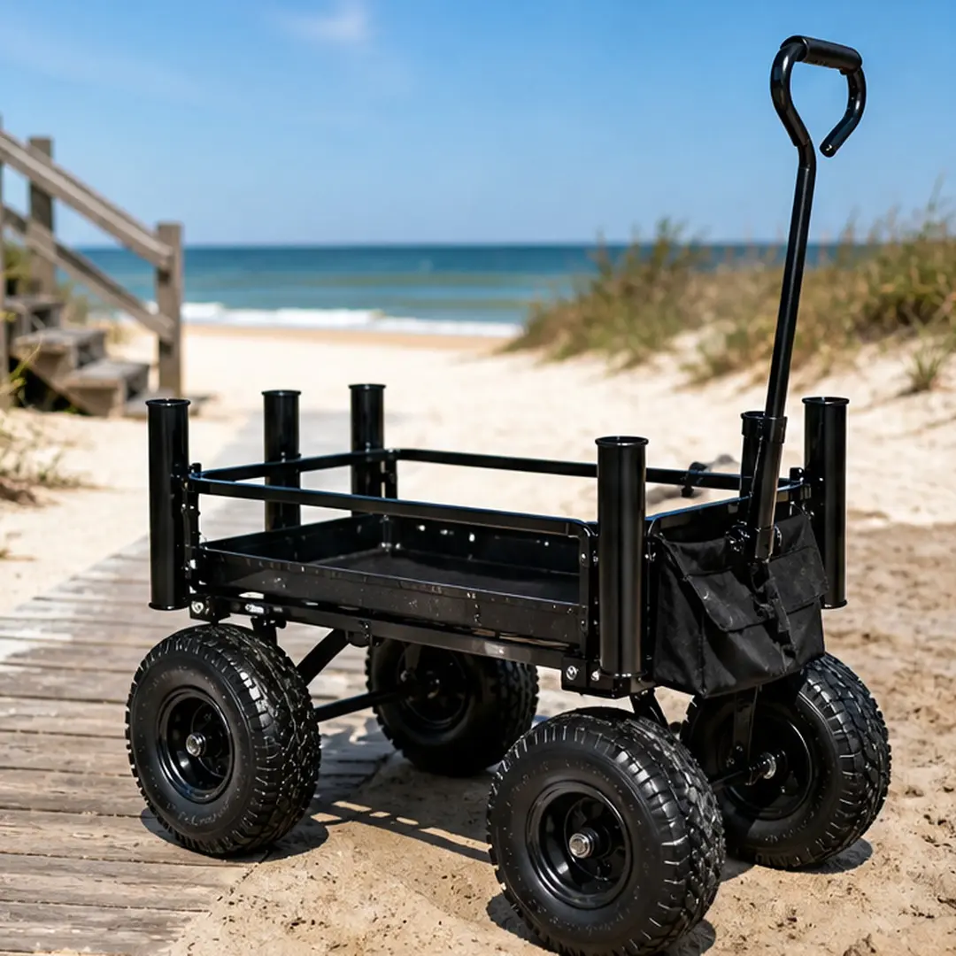 ARCH Fishing Cart with Rod Holders, Beach Wagon with Big Wheels for Sand, 500lbs Capacity, All-Terrain Steel Frame Utility Cart with 9" Pneumatic Tires, Strap with Multiuse Bag, Black, for Camping, Gardening, and Outdoor Hauling, Black Color Options