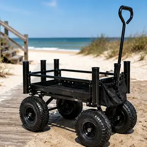 ARCH Fishing Cart with Rod Holders, Beach Wagon with Big Wheels for Sand, 500lbs Capacity, All-Terrain Steel Frame Utility Cart with 9" Pneumatic Tires, Strap with Multiuse Bag, Black, for Camping, Gardening, and Outdoor Hauling, Black Color Options