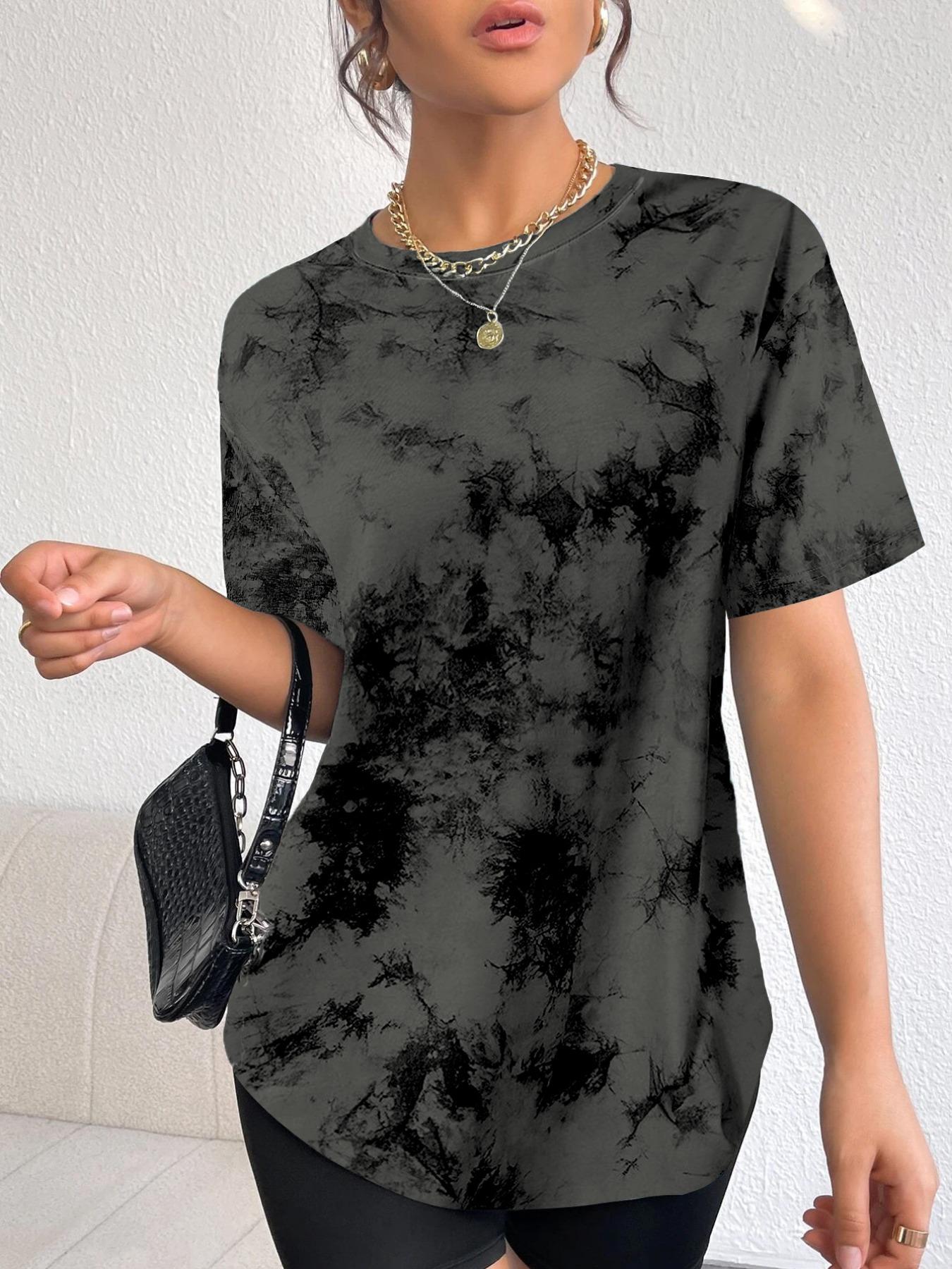 Women's Tie Dye Print Round Neck Tee, Fashion Casual Short Sleeve T-shirt for Daily Wear, Ladies Summer Clothes, Women's T Shirts, Summer Tops, Casual Everyday Wear Clothes for Women, Tshirt, Comfy Fabric, Fit, Womenswear, Casual Loose Tee