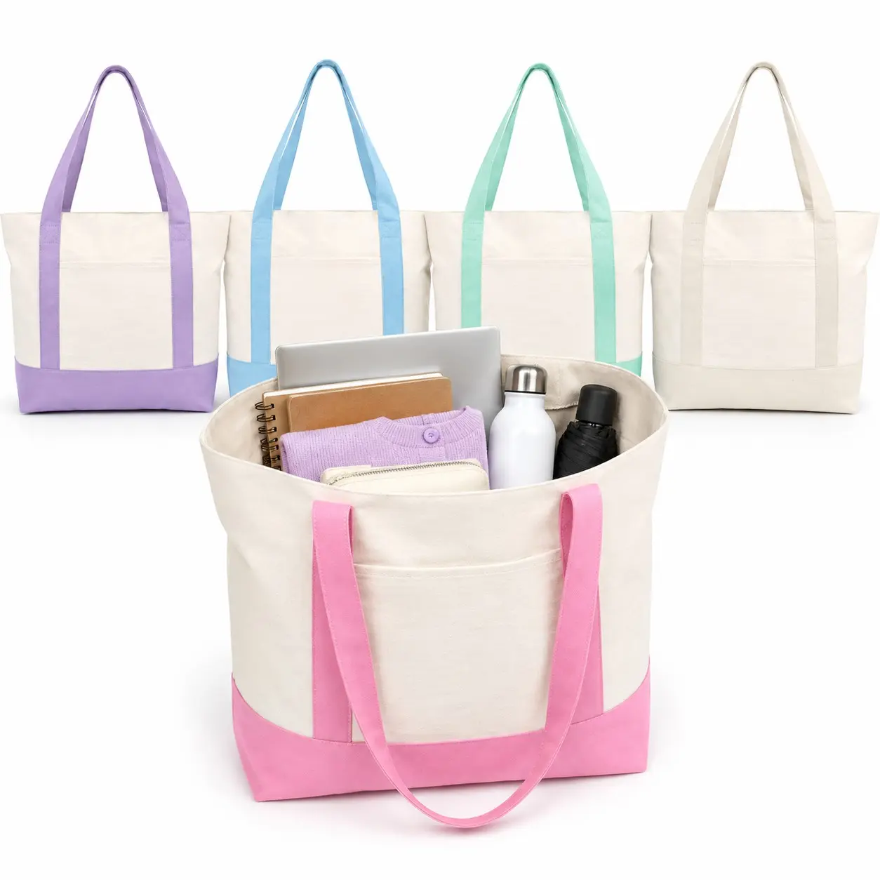 Magnetic Canvas Tote Bag with External Pocket and Top Zipper, Reusable Shopping Bag, Daily Commute Handbag, Patterned Design