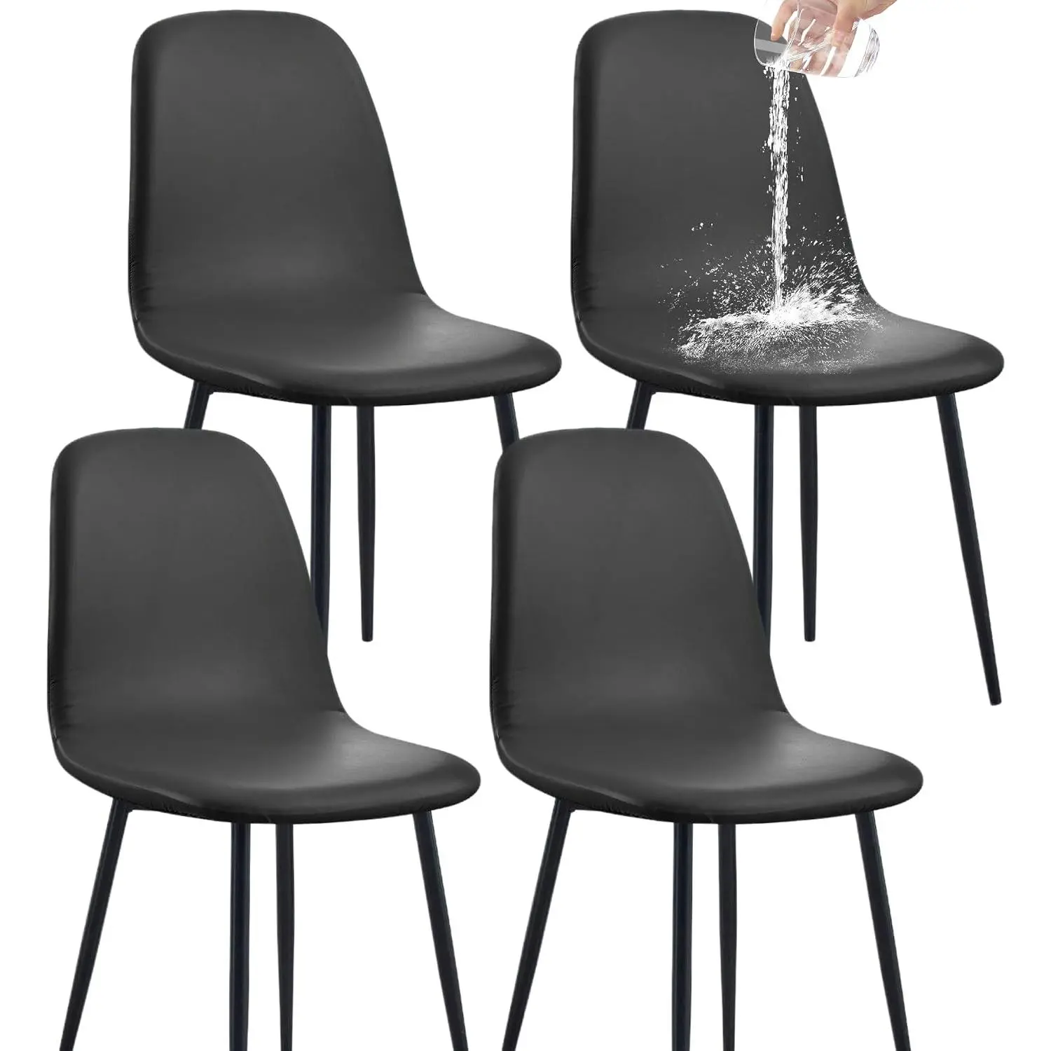 GOSTADY Waterproof PU Leather Mid Century Modern Dining Chair Cover Set of 4, Stretch Covers for Shell Dining Chairs, Lounge Armless Chairs Slipcover for Kitchen Living Room Side Chairs - Black