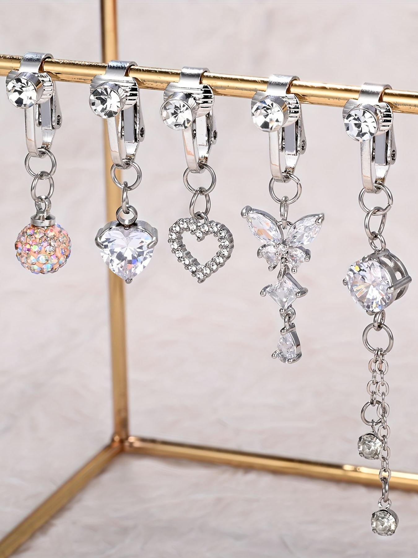 Rhinestone & Butterfly Decor Non-piercing Clip Belly Piercing Belly Button Rings, 5counts Belly Piercing Jewelry for Party, Daily Clothing Decor for Girl, As Birthday Gift for Back To School