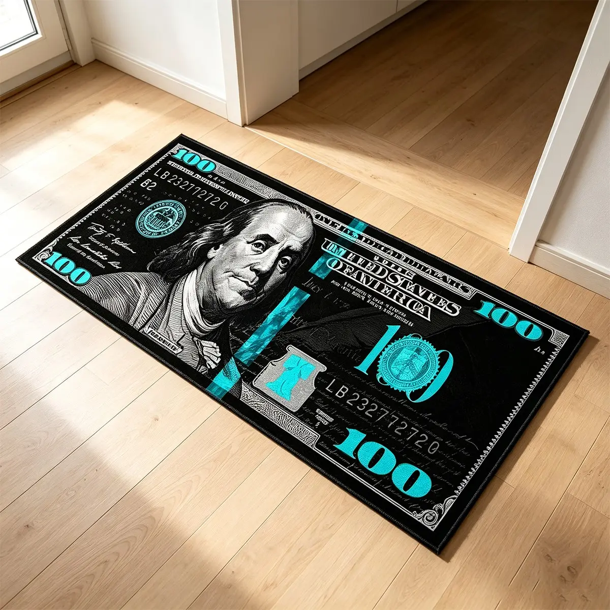 1 piece: Cyan-blue fluorescent color-blocked US dollar long rug, American hip-hop high street bedroom bedside rug, soft velvet rug, Home decor rug, birthday gift, gothic style Decorative Area Rug, suitable for living room, bedroom, bedside