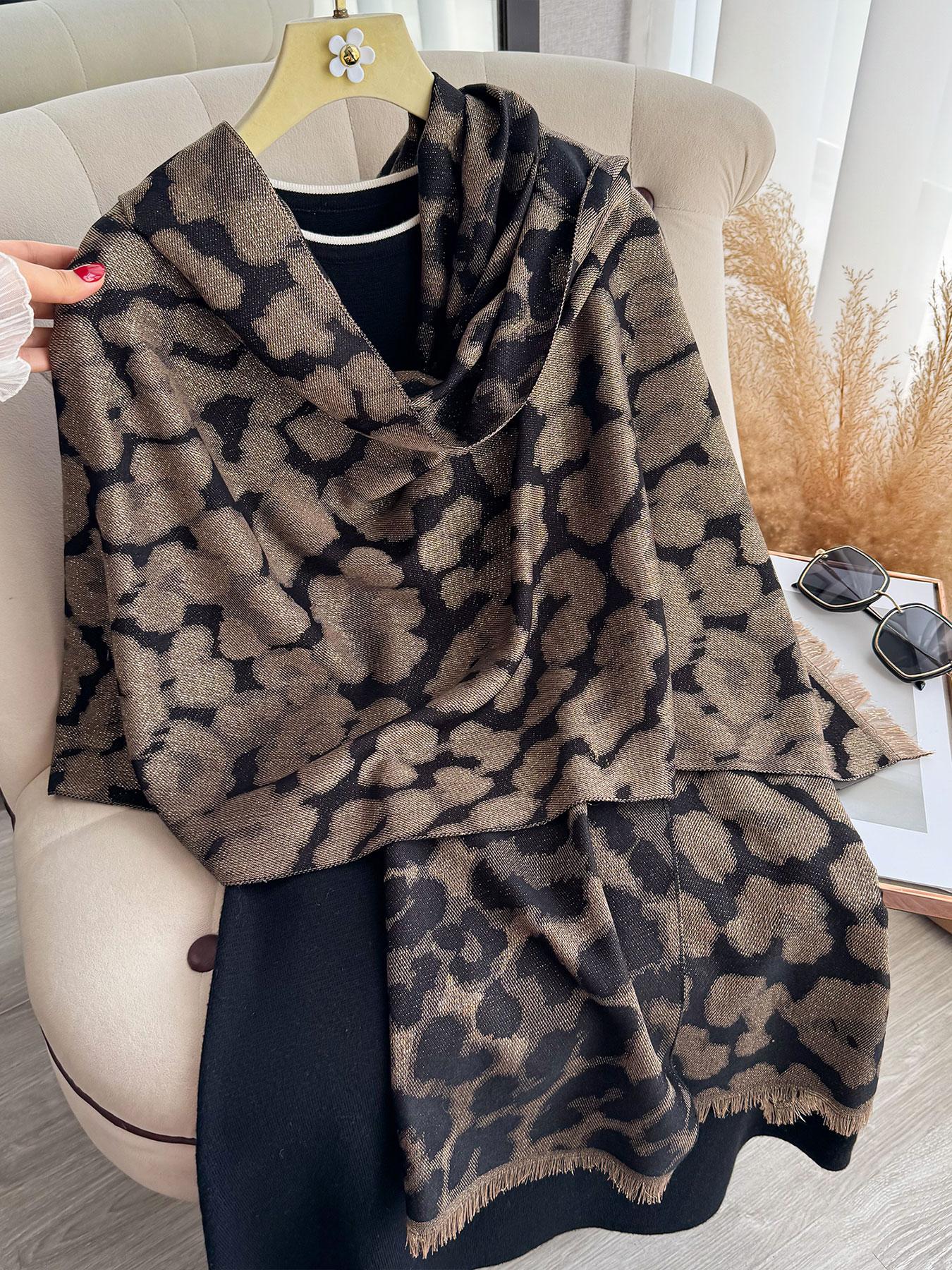 Fringe Edged Leopard Print Scarf, Boho Style Scarf, Fashionable Animal Pattern Shawl for Versatile, Perfect Accessory for All Seasons