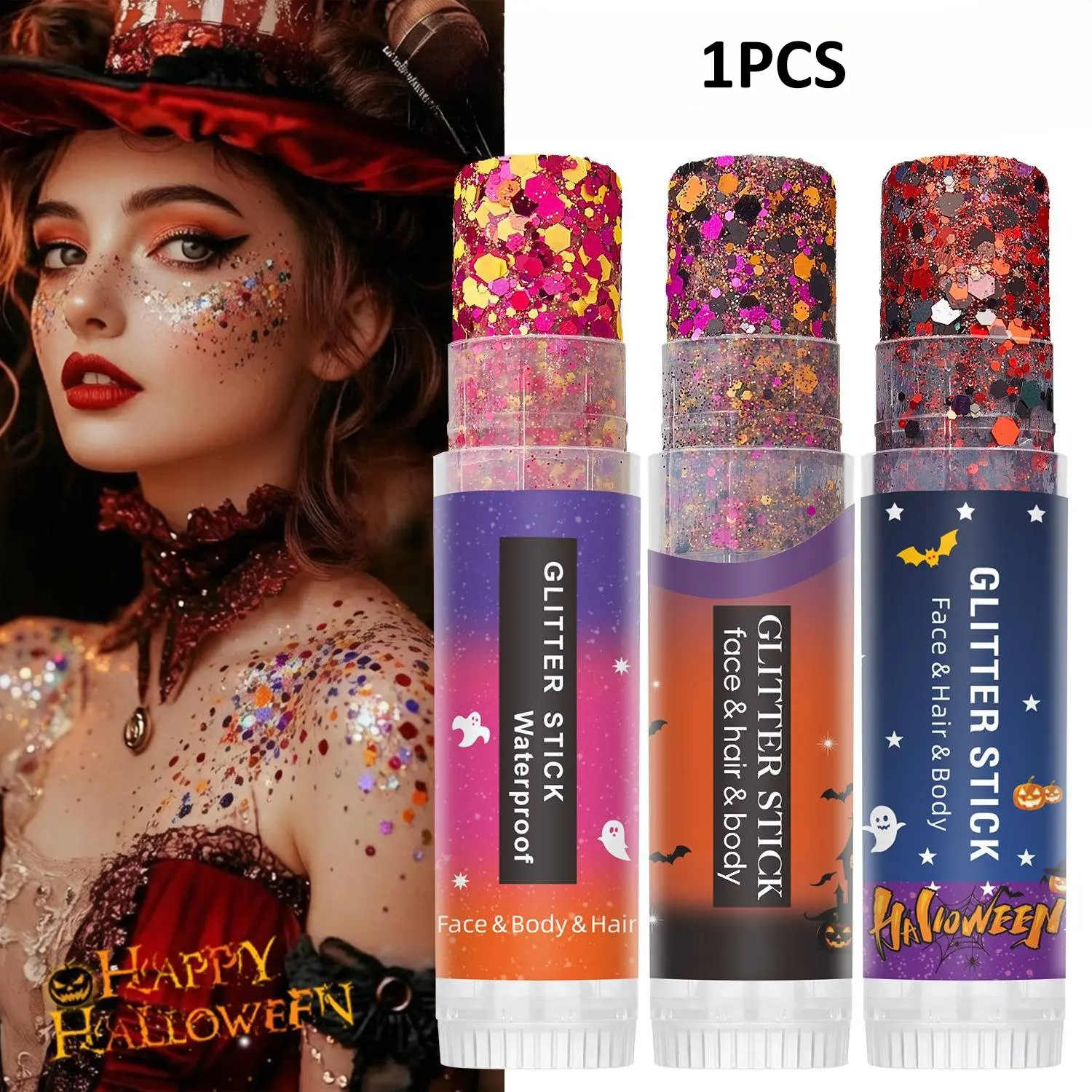 Halloween Glitter Stick Waterproof Shimmer Sequins Gel, Pumpkin Ghost Spider Design Portable Twist-up Cosmetic Glitter Multi-use Shimmer Glitter for Face Hair Body Witch Costume Party Halloween Cosplay Festival Party Makeup