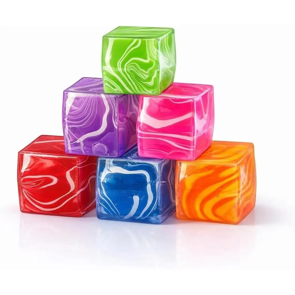 6 Pack Squishy Stress Cube - Square Fidget Sensory Slow Rising Toys for ADHD - Jelly Cubes Gel Filled - Swirl Nice Cube - Marble Glitter Stress Toy for Adults