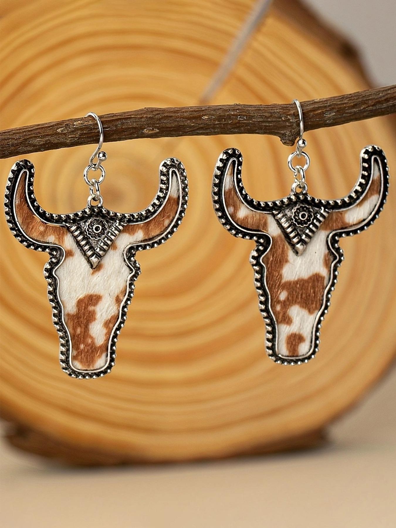 Vintage Cow Head Shaped Dangle Earrings (1 Pair), Western Cowboy Style Leopard & Cow Print Earrings, Hollow Out Design Earrings for Women, Trendy Jewelry Gift for Party and Daily Life, Casual Yet Chic