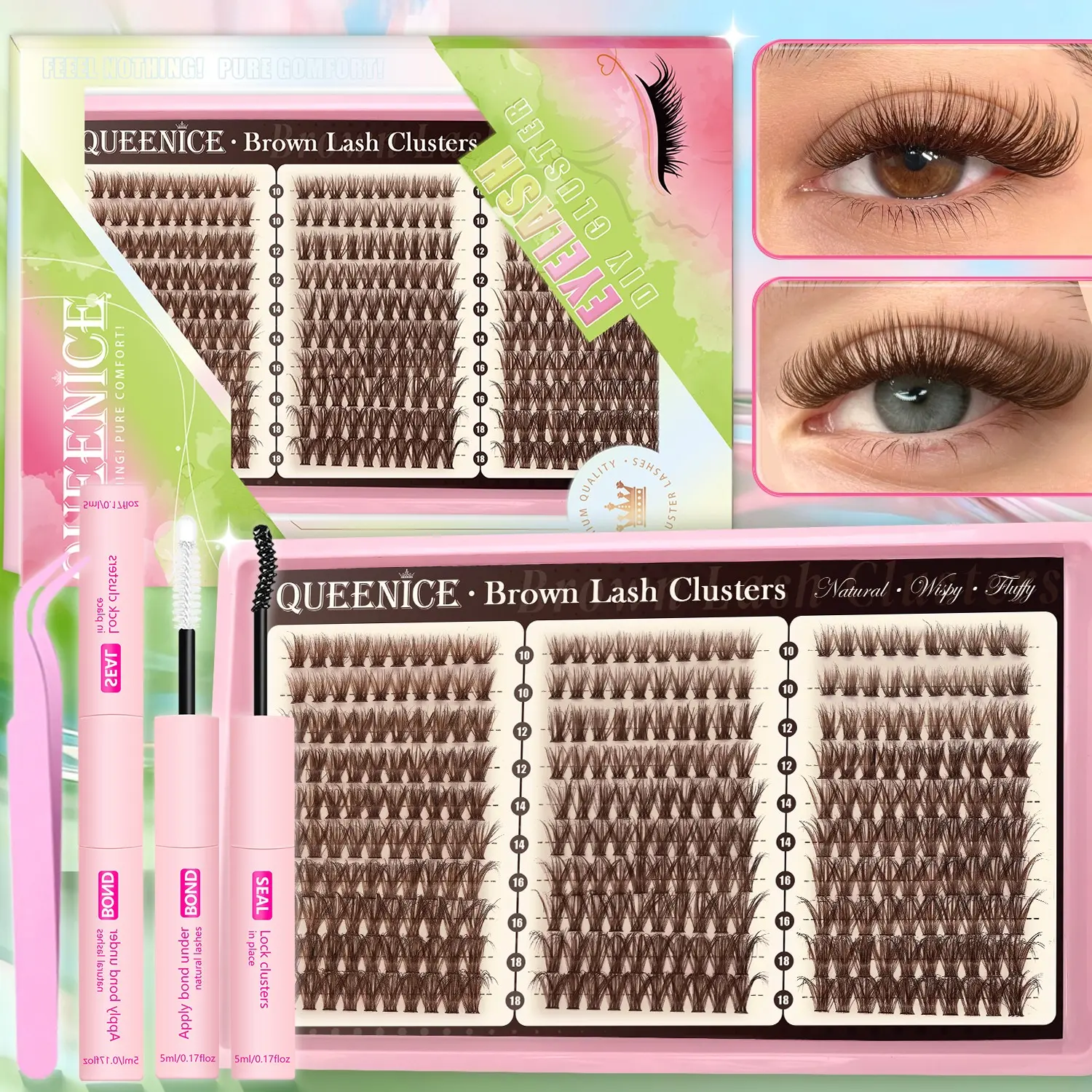Brown & Colorful DIY Lashes Clusters Thin Band Natural Soft Wispy Lashes Waterproof Lash Extension Easy to Apply at Home Cosmetic Makeup Volume False Eyelashes