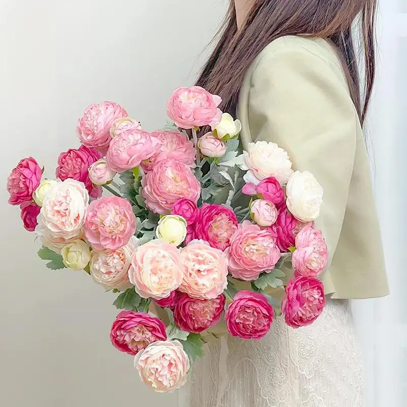 [Back to School]  Premium Silk Faux Ranunculus & Peony Flower Bouquet with Gift Box, Pink & Cream White, Realistic Artificial Florals for Wedding Arch, Table Decor, Bridal & Bridesmaid Bouquets