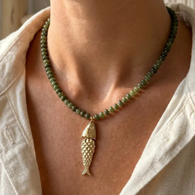 Bohemian Natural Stone Round Bead Fish Pendant, Boho Style Necklace, Perfect for Beach & Daily Wear, Ideal Travel Accessory