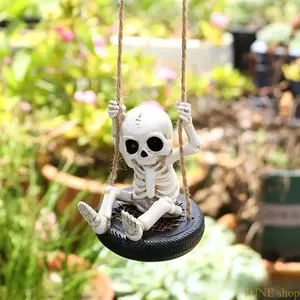 Resin Gargoyle Skeleton Hanging Ornament Designed With Tire Swing Structure, Weatherproof Decorative Sculpture Suitable For Indoor Space Layout, Exterior Yard Arrangement And Themed Scene Styling For Halloween Party Events