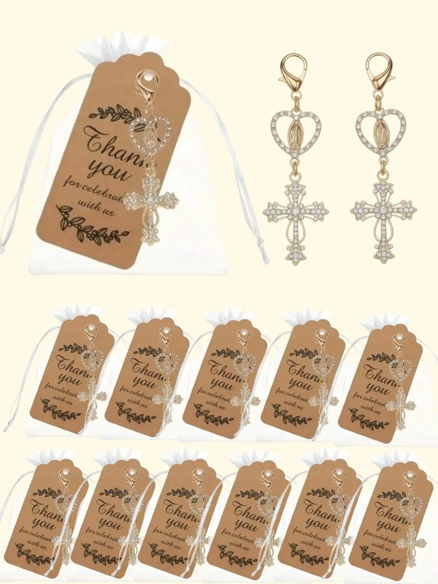 12pcs Cross Keychain Set | Religious Party Favors, Thank You Gifts and Organza Pouches, Heart Crystal Rhinestone Alloy Keyrings, Key Accessories, Keychain Accessory, Suitable For Baptism, Communion, Confirmation, Wedding, Souvenir
