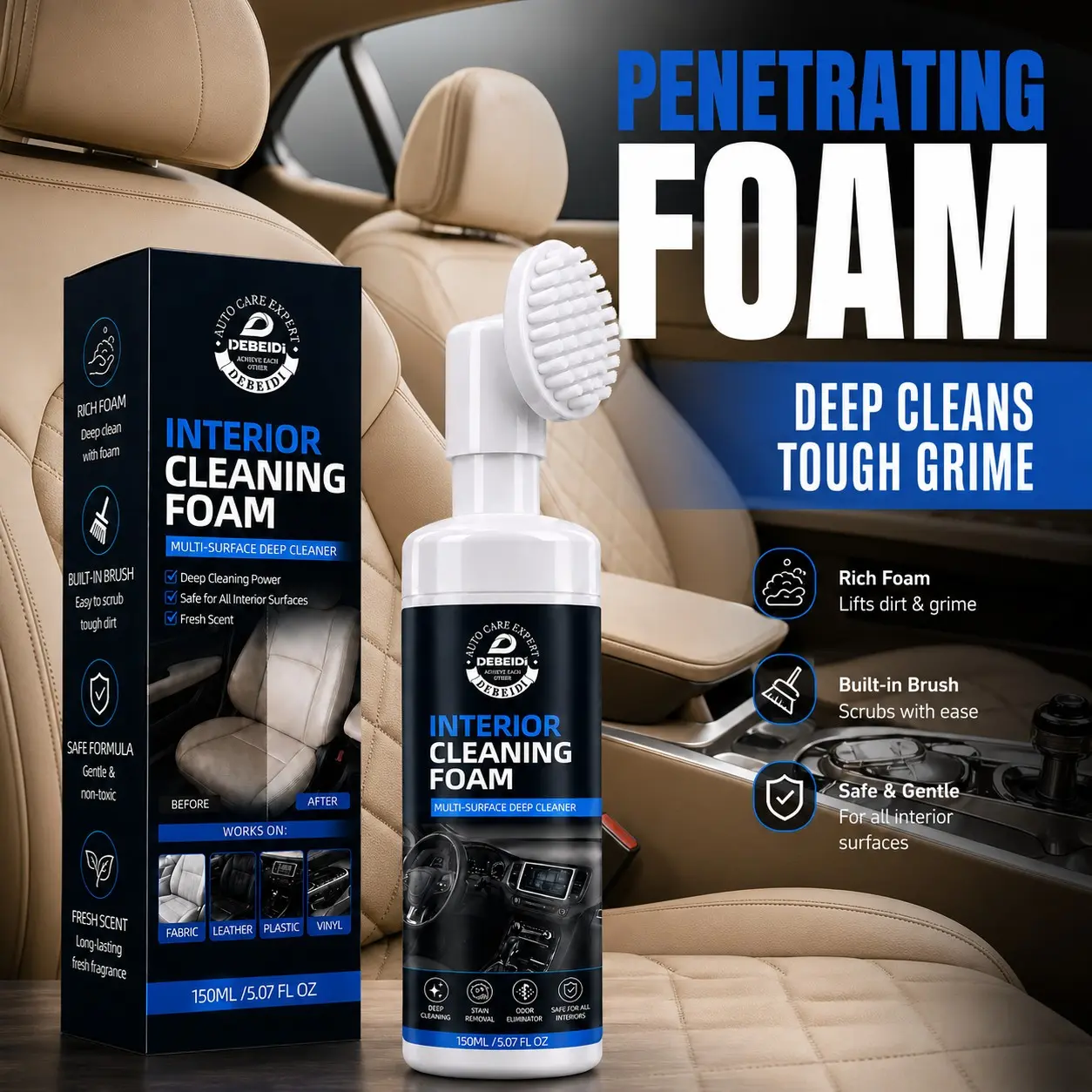 Car Interior Cleaning Foam with Bristle Brush Applicator, Multi-Surface Auto Cleaner for Seats, Fabric, Leather, Plastic & Vinyl, 150mL