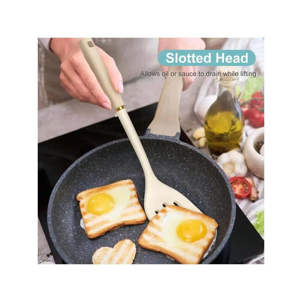 14-Inch Slotted Head Silicone Rubber Spatula Turner with Long Handle, Heat-Resistant Non-Stick Kitchen Utensil for Egg Prep, Kitchen Cookware Gadget