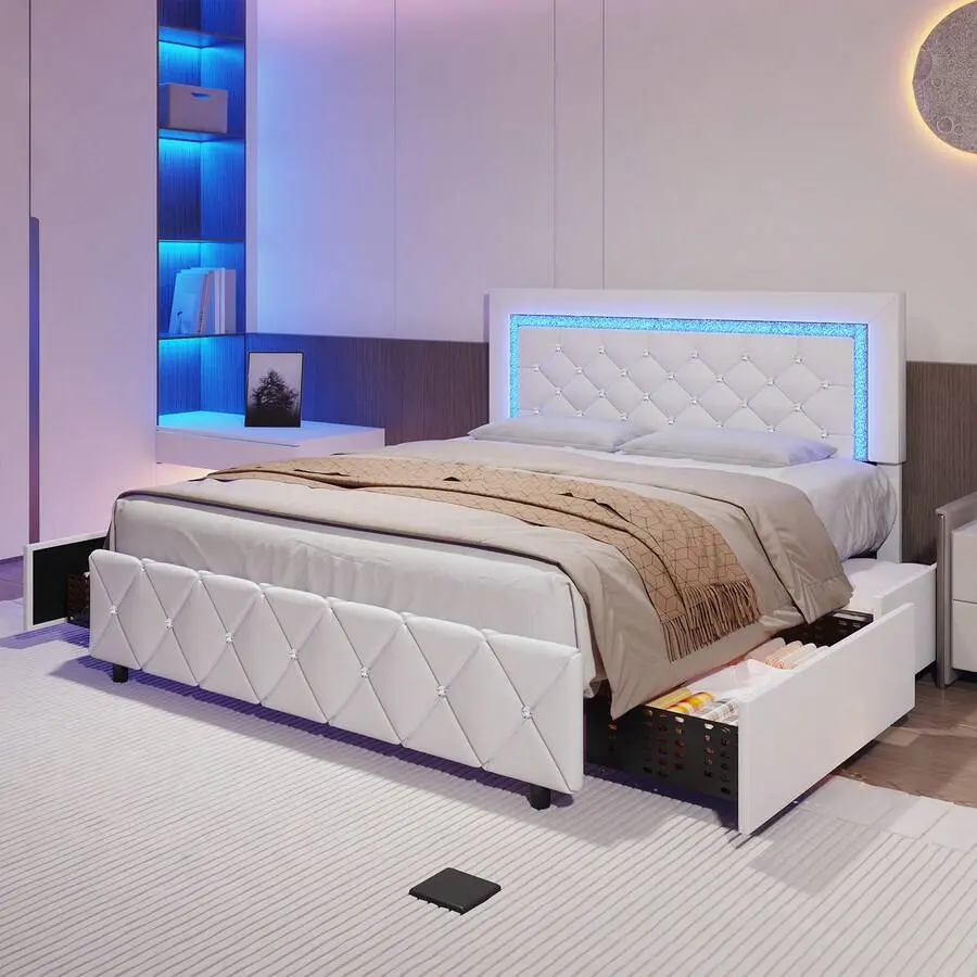 Diamond Tufted Luxe Upholstered Platform Bed Frame (Twin/Full/Queen) - LED Lights, Headboard & Footboard, Polyurethane Build, Quick Lock, Underbed Tidy Space, No Box Spring Needed