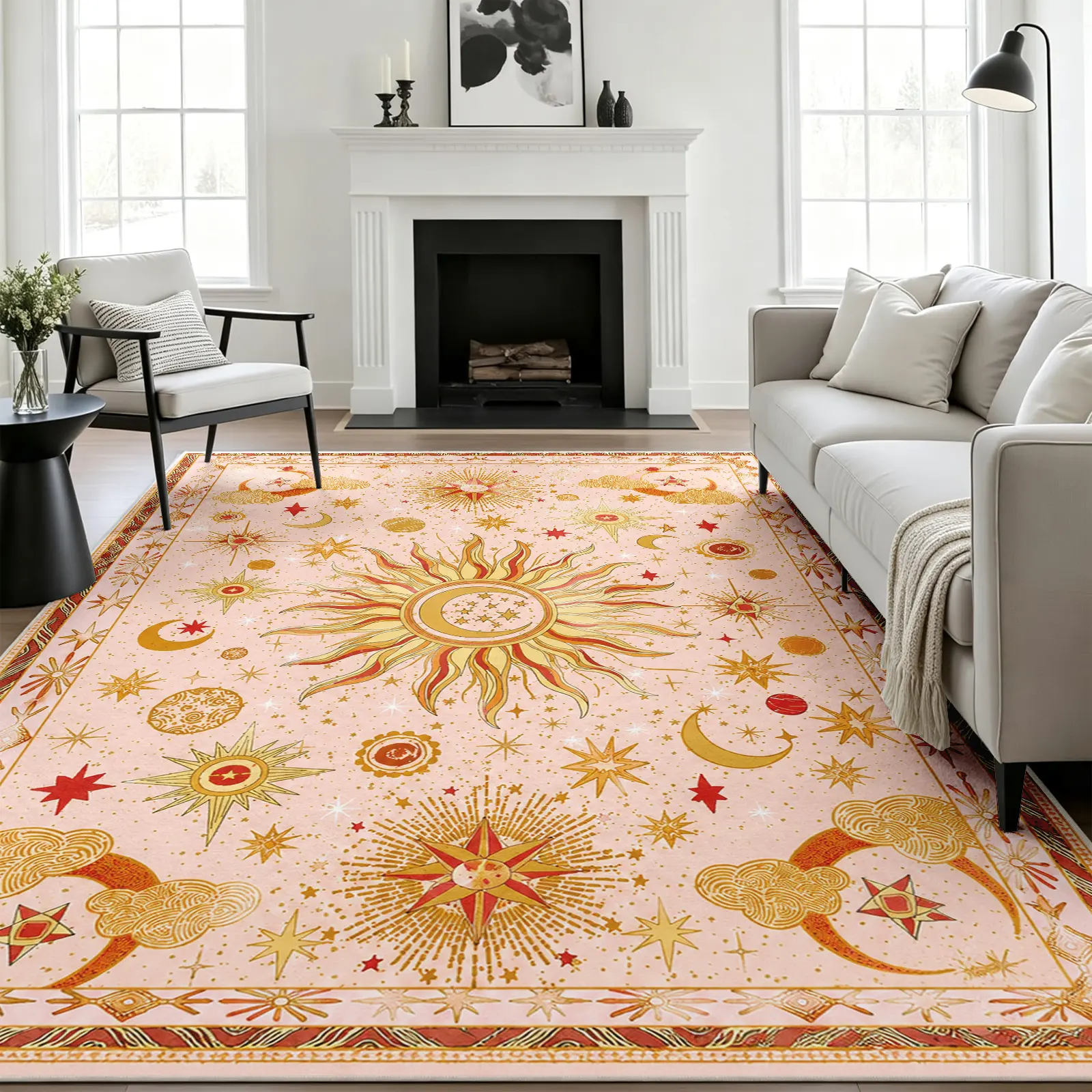 Pink Celestial Area Rug, Gold Sun Moon Stars Cosmic Pattern, Non Slip Backing Machine Washable Soft Low Pile, Living Room & Bedroom Deocr, Living Room, Office, Dining Room, Home Decor (Various Sizes)