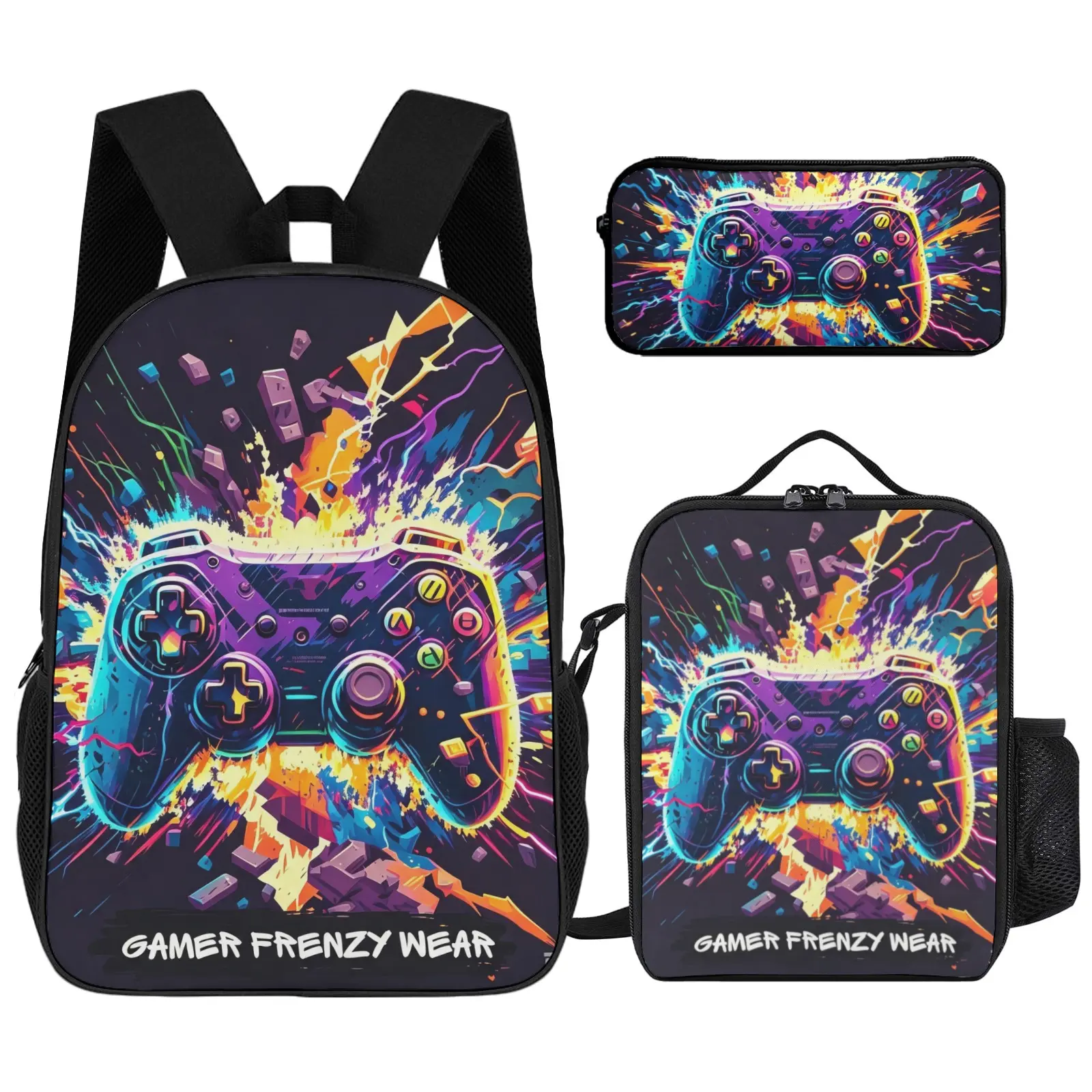 Gaming Theme 17in Student Backpack Set Pack for Teens Boys - Fabric Rucksack with Dual Compartments, Laptop Fit, Large Cap., Side Mesh Pockets, Adjustable Padded Shoulder Straps, Ideal Back To School Gift