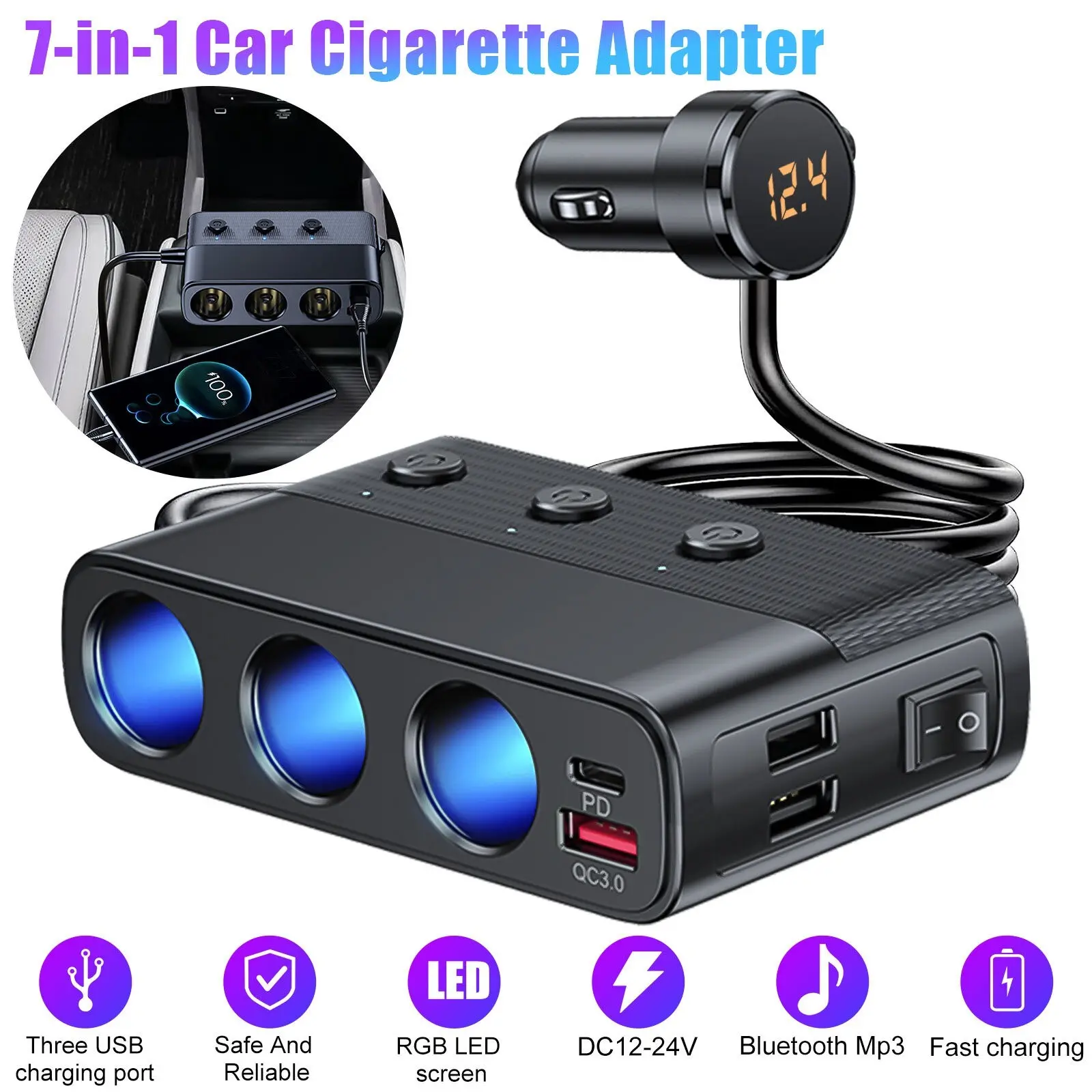 7-In-1 Car Cigarette Lighter Splitter, LED Voltage Display, Multi-Port Car Charger, 12V-24v, 3 USB Ports, Vehicle Power Adapter
