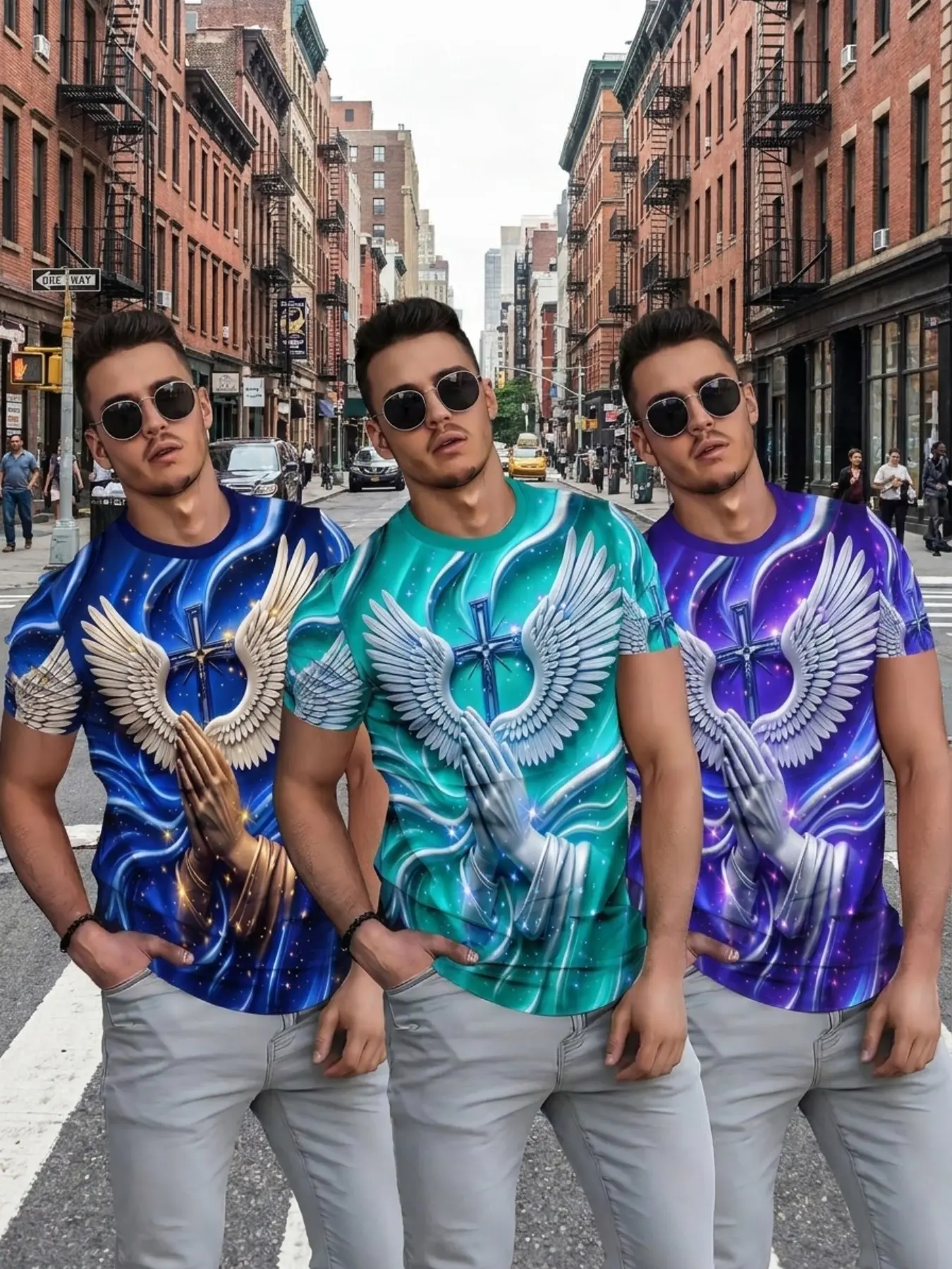 3-Pack Men's Short Sleeve Crewneck T-Shirts, Galaxy Gradient Angel Wings Cross Print, Casual Fitted Long T-Shirt, Religious Style, Streetwear