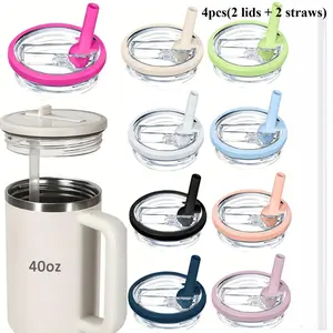 4Pcs Foldable Tumbler Replacement Lids for 40oz Stanley Cups, 2 Flip Straw Lids + 2 Straws, Leakproof Dustproof Spill Stopper with Handle, Compatible with Car Travel Tumblers, Leakproof Lids Set