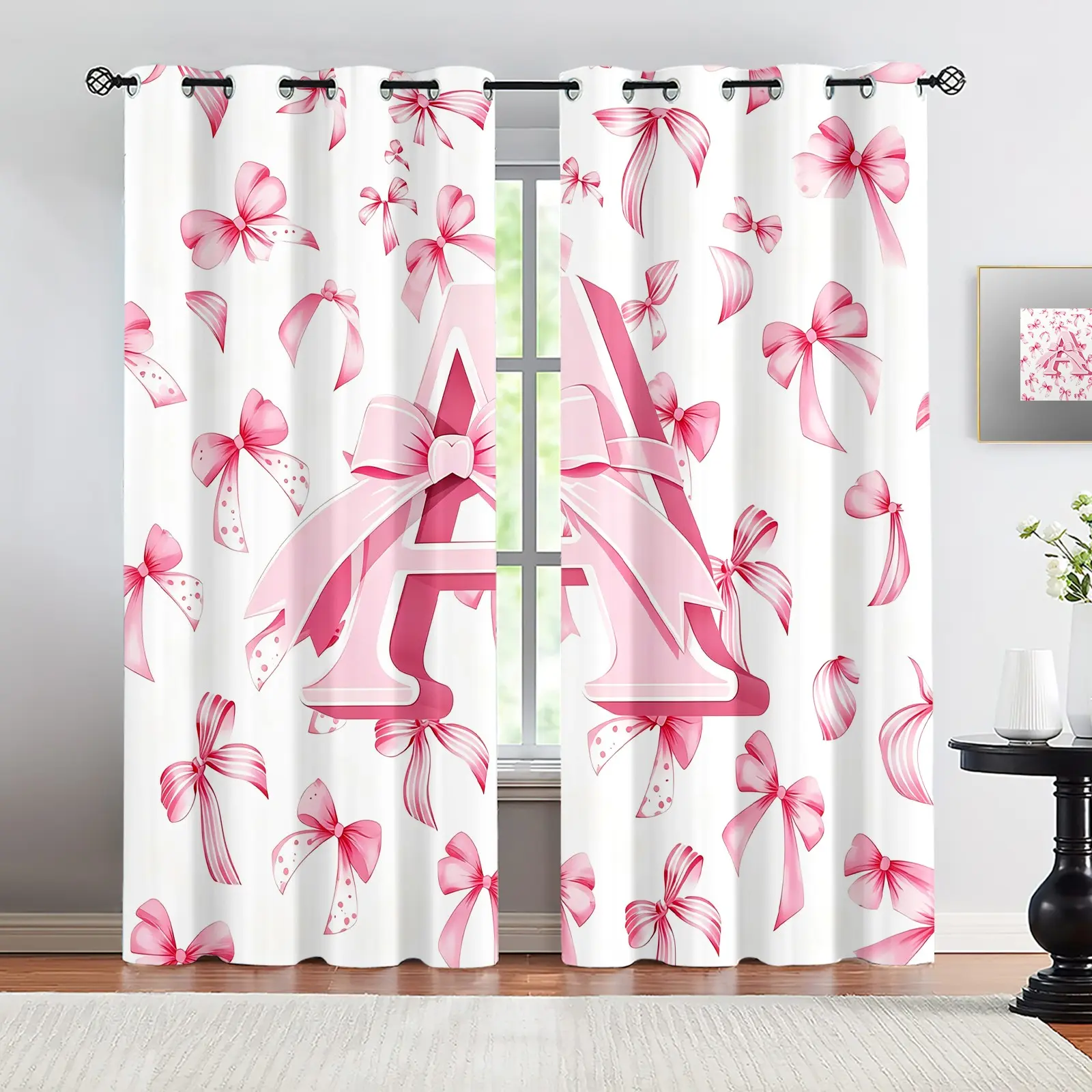 Kids Girls Cute Pink Bow Curtain (2 Panels,42 x 63 Inch) Monogrammed Window Drapes Initial A Blackout Shades Coquette Bow Knot Room Darkening Curtain Fashion Window Treatments Blackout Curtains