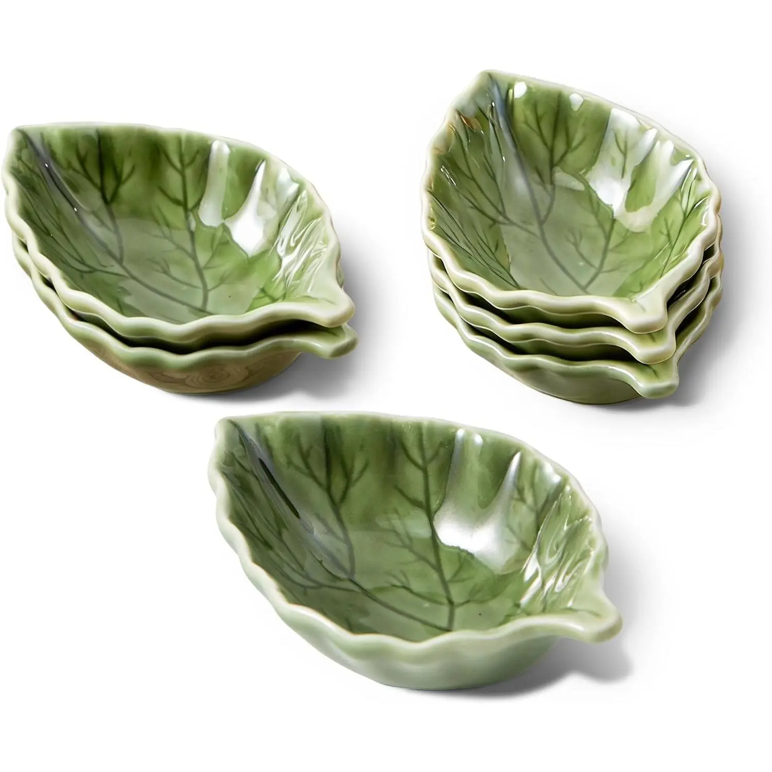 Chip-Safe Modern Ceramic Soy Sauce Dishes, 1.5OZ Green Leaf Shape with Leaf Veins Mini Condiment Bowls, Ideal for Sushi, Housewarming Decor & Restaurant Use