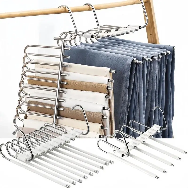 Multi‑Layer Folding Stainless Steel Pants Hanger, Multifunctional Trouser Hanger, Space‑Saving Magic Closet Pants Rack, Foldable Non‑Slip Trouser Clips, Household Wardrobe Storage Organizer, Hanging Holder for Scarves, Dress Pants and Jeans